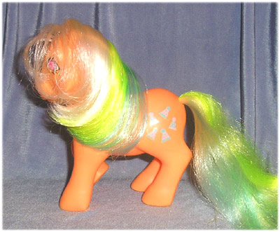 Orange
          earth pony with pink, neon yellow, green, aqua hair and party
          hats